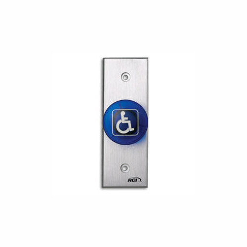 916N-BH-MA x 28 Dormakaba RCI Narrow Handicap Symbol Maintained Action Tamper-proof Handicap Mushroom Button - Brushed Anodized Aluminum Faceplate - Blue Cap