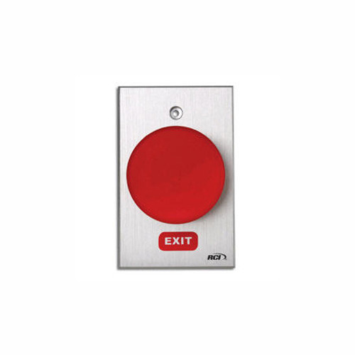 990-RE-MA x 28 Dormakaba RCI Exit Symbol Maintained Action Oversized Tamper-proof Button - Brushed Anodized Aluminum Faceplate - Red Cap