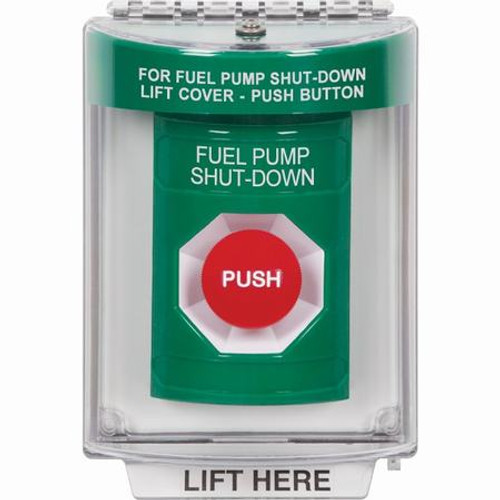 SS2134PS-EN STI Green Indoor/Outdoor Flush Momentary Stopper Station with FUEL PUMP SHUT DOWN Label English