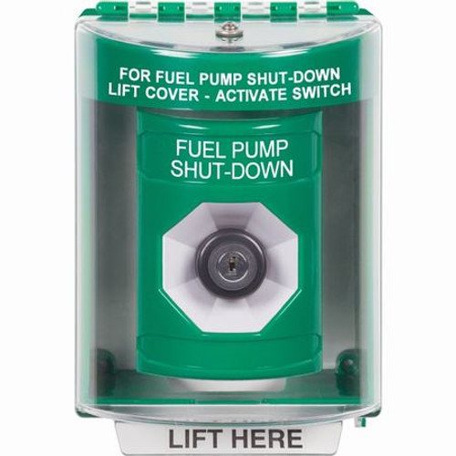 SS2173PS-EN STI Green Indoor/Outdoor Surface Key-to-Activate Stopper Station with FUEL PUMP SHUT DOWN Label English