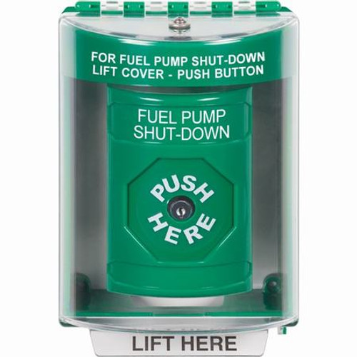 SS2180PS-EN STI Green Indoor/Outdoor Surface w/ Horn Key-to-Reset Stopper Station with FUEL PUMP SHUT DOWN Label English