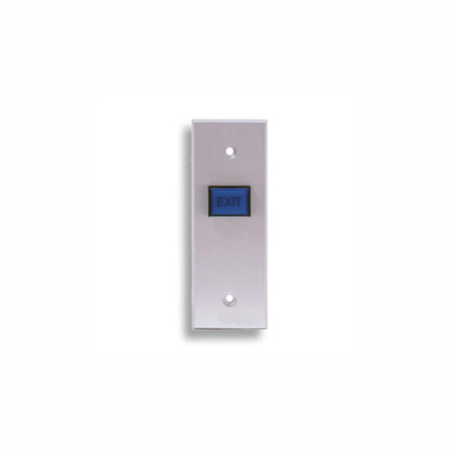 970N-B-DMO-A-08-28 Dormakaba RCI 2 x Narrow Momentary Action Audible Alert Tamper-proof Illuminated Request-To-Exit Button Brushed Anodized Aluminum Faceplate 24VDC - Blue Cap