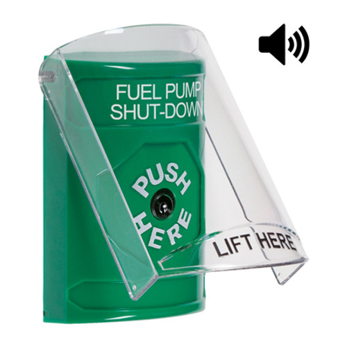 SS21A0PS-EN STI Green Indoor Only Flush or Surface w/ Horn Key-to-Reset Stopper Station with FUEL PUMP SHUT DOWN Label English