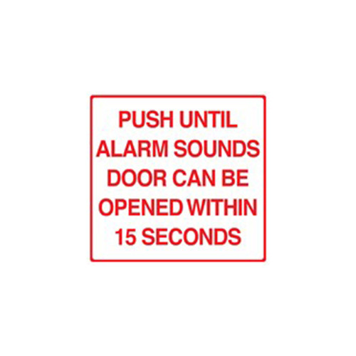 BC1PS Dormakaba RCI 11" W x 10" H Building Code Sign  &#8209; Push Until Alarm Sounds Door Can Be Opened in 15 Second - Printed in Red on Clear Plexiglass - SPANISH