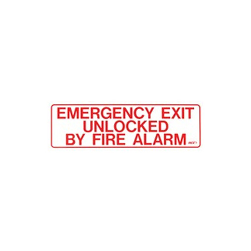 BC2M Dormakaba RCI 12" W x 4" H Building Code Sign - Emergency Exit Unlocked by Fire Alarm - English - Printed in Red on Clear Mylar