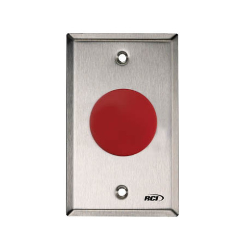 908-RB-MA x 32D Dormakaba RCI Blank Symbol Maintained Action Mushroom Button - Brushed Stainless Steel Faceplate - Blank Red Cap