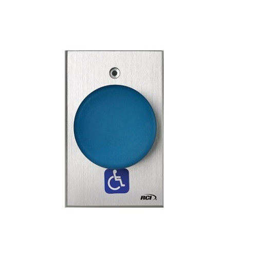990N-BH-MO x 28 Dormakaba RCI Narrow Handicap Symbol Momentary Action Oversized Tamper-proof Button - Brushed Anodized Aluminum Faceplate - Blue Cap