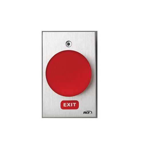 990N-GE-MO x 28 Dormakaba RCI Narrow Exit Symbol Momentary Action Oversized Tamper-proof Button - Brushed Anodized Aluminum Faceplate - Green Cap