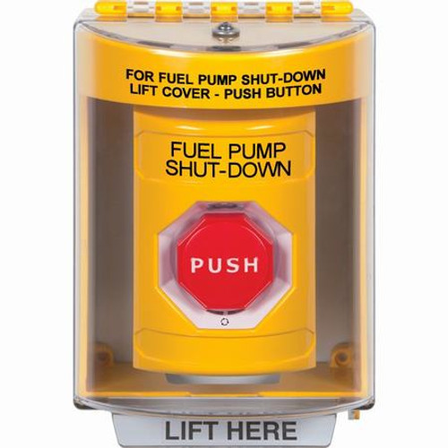 SS2279PS-EN STI Yellow Indoor/Outdoor Surface Turn-to-Reset (Illuminated) Stopper Station with FUEL PUMP SHUT DOWN Label English