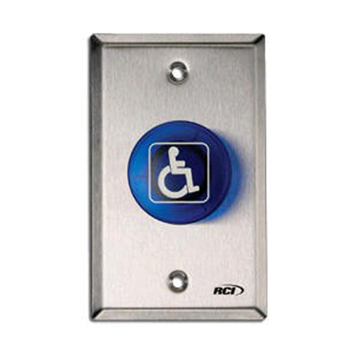 906-BH-MA x 32D Dormakaba RCI Handicapped Symbol Maintained Action Mushroom Button - Brushed Stainless Steel Faceplate - Blue Cap