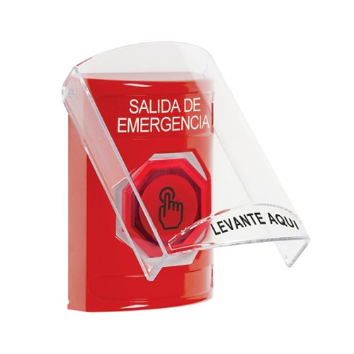 SS2027EX-ES STI Red Indoor Only Flush or Surface Weather Resistant Momentary (Illuminated) with Red Lens Stopper Station with EMERGENCY EXIT Label Spanish