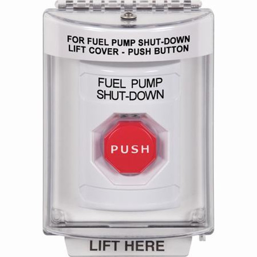 SS2332PS-EN STI White Indoor/Outdoor Flush Key-to-Reset (Illuminated) Stopper Station with FUEL PUMP SHUT DOWN Label English