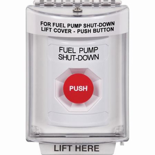 SS2334PS-EN STI White Indoor/Outdoor Flush Momentary Stopper Station with FUEL PUMP SHUT DOWN Label English