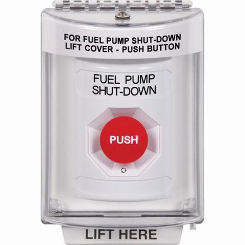 SS2341PS-EN STI White Indoor/Outdoor Flush w/ Horn Turn-to-Reset Stopper Station with FUEL PUMP SHUT DOWN Label English