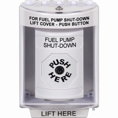 SS2370PS-EN STI White Indoor/Outdoor Surface Key-to-Reset Stopper Station with FUEL PUMP SHUT DOWN Label English