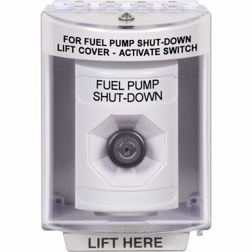 SS2373PS-EN STI White Indoor/Outdoor Surface Key-to-Activate Stopper Station with FUEL PUMP SHUT DOWN Label English