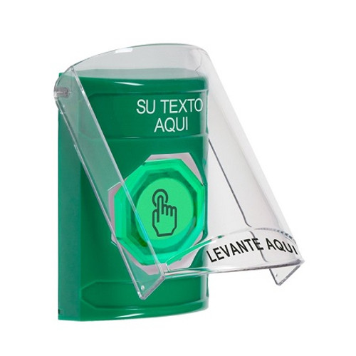 SS2126ZA-ES STI Green Indoor Only Flush or Surface Momentary (Illuminated) with Green Lens Stopper Station with Non-Returnable Custom Text Label Spanish