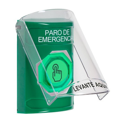 SS2127ES-ES STI Green Indoor Only Flush or Surface Weather Resistant Momentary (Illuminated) with Green Lens Stopper Station with EMERGENCY STOP Label Spanish
