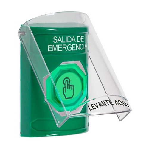 SS2127EX-ES STI Green Indoor Only Flush or Surface Weather Resistant Momentary (Illuminated) with Green Lens Stopper Station with EMERGENCY EXIT Label Spanish
