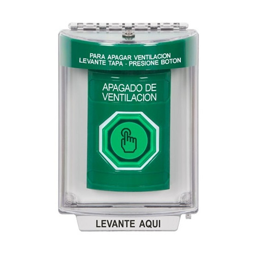 SS2137HV-ES STI Green Indoor/Outdoor Flush Weather Resistant Momentary (Illuminated) with Green Lens Stopper Station with HVAC SHUT DOWN Label Spanish