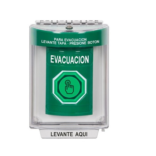 SS2146EV-ES STI Green Indoor/Outdoor Flush w/ Horn Momentary (Illuminated) with Green Lens Stopper Station with EVACUATION Label Spanish