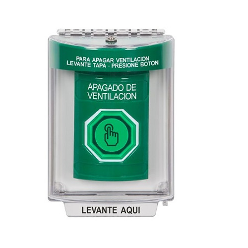 SS2146HV-ES STI Green Indoor/Outdoor Flush w/ Horn Momentary (Illuminated) with Green Lens Stopper Station with HVAC SHUT DOWN Label Spanish