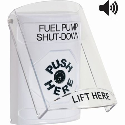 SS23A0PS-EN STI White Indoor Only Flush or Surface w/ Horn Key-to-Reset Stopper Station with FUEL PUMP SHUT DOWN Label English