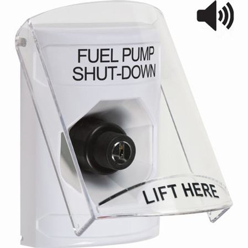 SS23A3PS-EN STI White Indoor Only Flush or Surface w/ Horn Key-to-Activate Stopper Station with FUEL PUMP SHUT DOWN Label English