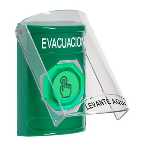 SS21A6EV-ES STI Green Indoor Only Flush or Surface w/ Horn Momentary (Illuminated) with Green Lens Stopper Station with EVACUATION Label Spanish