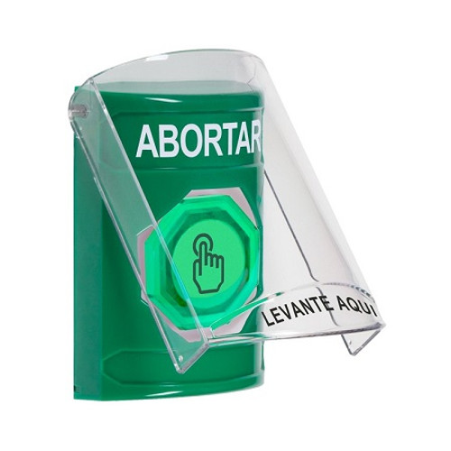SS21A7AB-ES STI Green Indoor Only Flush or Surface w/ Horn Weather Resistant Momentary (Illuminated) with Green Lens Stopper Station with ABORT Label Spanish