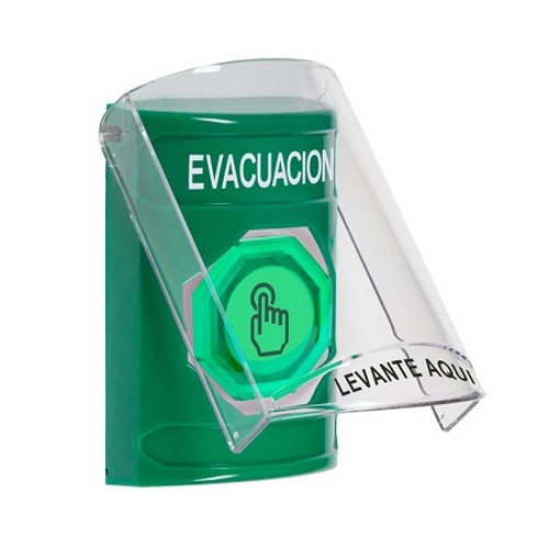 SS21A7EV-ES STI Green Indoor Only Flush or Surface w/ Horn Weather Resistant Momentary (Illuminated) with Green Lens Stopper Station with EVACUATION Label Spanish