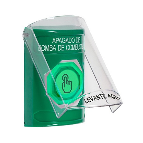 SS21A7PS-ES STI Green Indoor Only Flush or Surface w/ Horn Weather Resistant Momentary (Illuminated) with Green Lens Stopper Station with FUEL PUMP SHUT DOWN Label Spanish