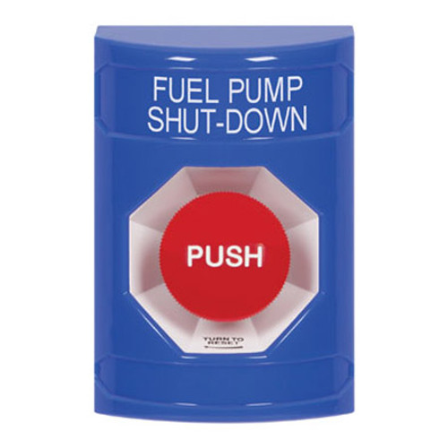 SS2401PS-EN STI Blue No Cover Turn-to-Reset Stopper Station with FUEL PUMP SHUT DOWN Label English