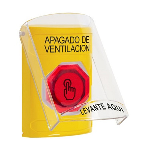 SS2226HV-ES STI Yellow Indoor Only Flush or Surface Momentary (Illuminated) with Red Lens Stopper Station with HVAC SHUT DOWN Label Spanish