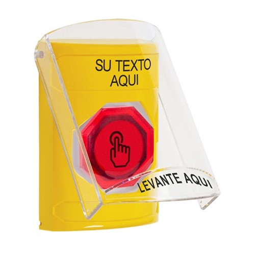 SS2226ZA-ES STI Yellow Indoor Only Flush or Surface Momentary (Illuminated) with Red Lens Stopper Station with Non-Returnable Custom Text Label Spanish