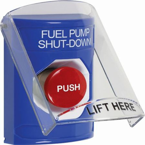 SS2424PS-EN STI Blue Indoor Only Flush or Surface Momentary Stopper Station with FUEL PUMP SHUT DOWN Label English