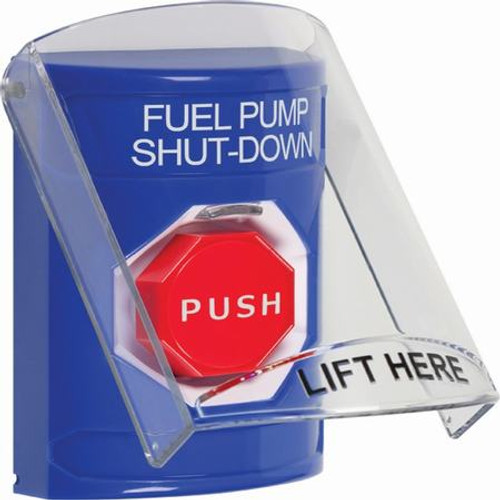 SS2425PS-EN STI Blue Indoor Only Flush or Surface Momentary (Illuminated) Stopper Station with FUEL PUMP SHUT DOWN Label English
