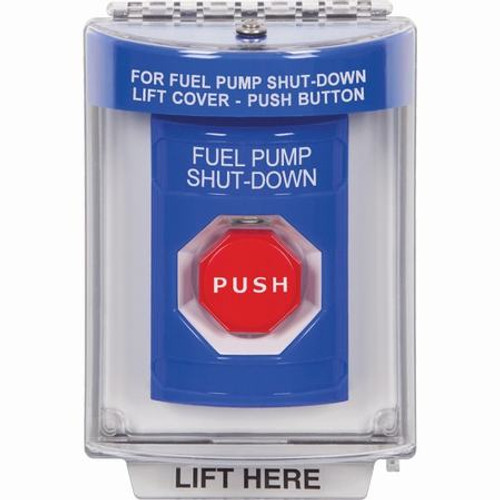 SS2432PS-EN STI Blue Indoor/Outdoor Flush Key-to-Reset (Illuminated) Stopper Station with FUEL PUMP SHUT DOWN Label English