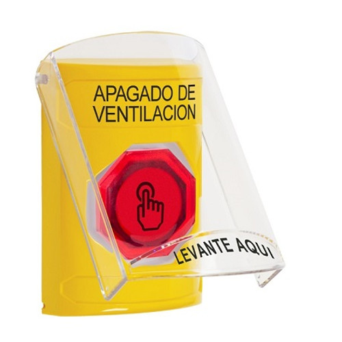 SS22A7HV-ES STI Yellow Indoor Only Flush or Surface w/ Horn Weather Resistant Momentary (Illuminated) with Red Lens Stopper Station with HVAC SHUT DOWN Label Spanish