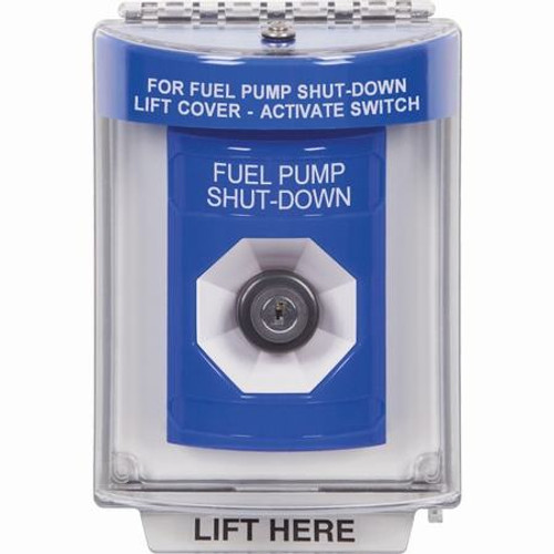 SS2433PS-EN STI Blue Indoor/Outdoor Flush Key-to-Activate Stopper Station with FUEL PUMP SHUT DOWN Label English