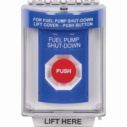 SS2434PS-EN STI Blue Indoor/Outdoor Flush Momentary Stopper Station with FUEL PUMP SHUT DOWN Label English