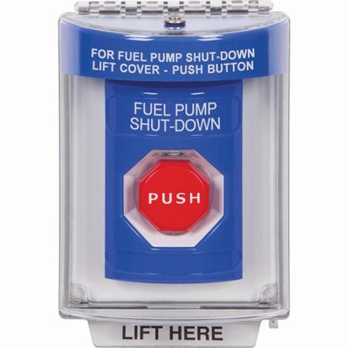 SS2435PS-EN STI Blue Indoor/Outdoor Flush Momentary (Illuminated) Stopper Station with FUEL PUMP SHUT DOWN Label English