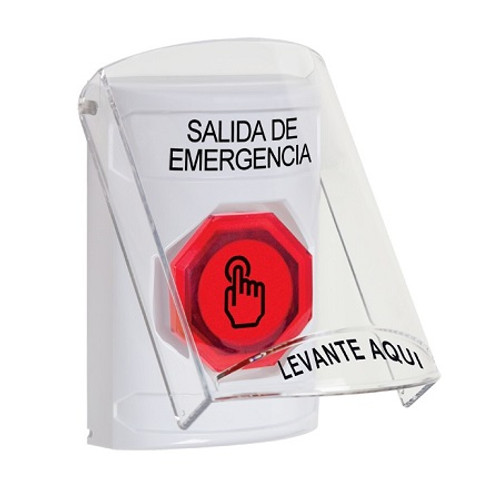 SS2327EX-ES STI White Indoor Only Flush or Surface Weather Resistant Momentary (Illuminated) with Red Lens Stopper Station with EMERGENCY EXIT Label Spanish