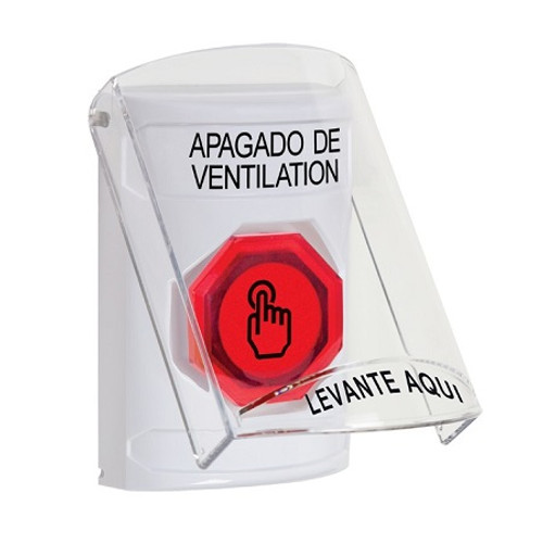 SS2327HV-ES STI White Indoor Only Flush or Surface Weather Resistant Momentary (Illuminated) with Red Lens Stopper Station with HVAC SHUT DOWN Label Spanish