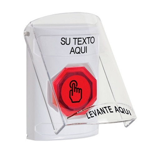 SS2327ZA-ES STI White Indoor Only Flush or Surface Weather Resistant Momentary (Illuminated) with Red Lens Stopper Station with Non-Returnable Custom Text Label Spanish