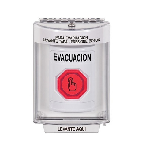 SS2347EV-ES STI White Indoor/Outdoor Flush w/ Horn Weather Resistant Momentary (Illuminated) with Red Lens Stopper Station with EVACUATION Label Spanish