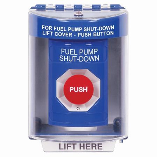 SS2471PS-EN STI Blue Indoor/Outdoor Surface Turn-to-Reset Stopper Station with FUEL PUMP SHUT DOWN Label English