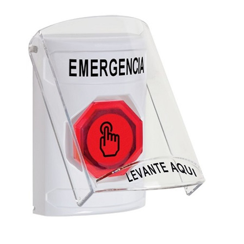 SS23A6EM-ES STI White Indoor Only Flush or Surface w/ Horn Momentary (Illuminated) with Red Lens Stopper Station with EMERGENCY Label Spanish