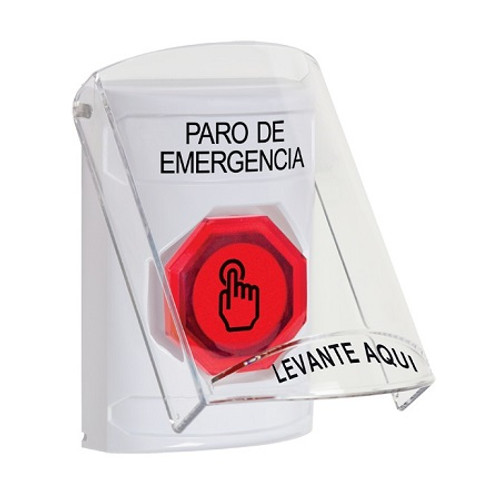 SS23A6ES-ES STI White Indoor Only Flush or Surface w/ Horn Momentary (Illuminated) with Red Lens Stopper Station with EMERGENCY STOP Label Spanish