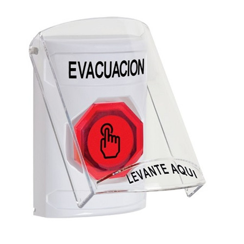 SS23A6EV-ES STI White Indoor Only Flush or Surface w/ Horn Momentary (Illuminated) with Red Lens Stopper Station with EVACUATION Label Spanish